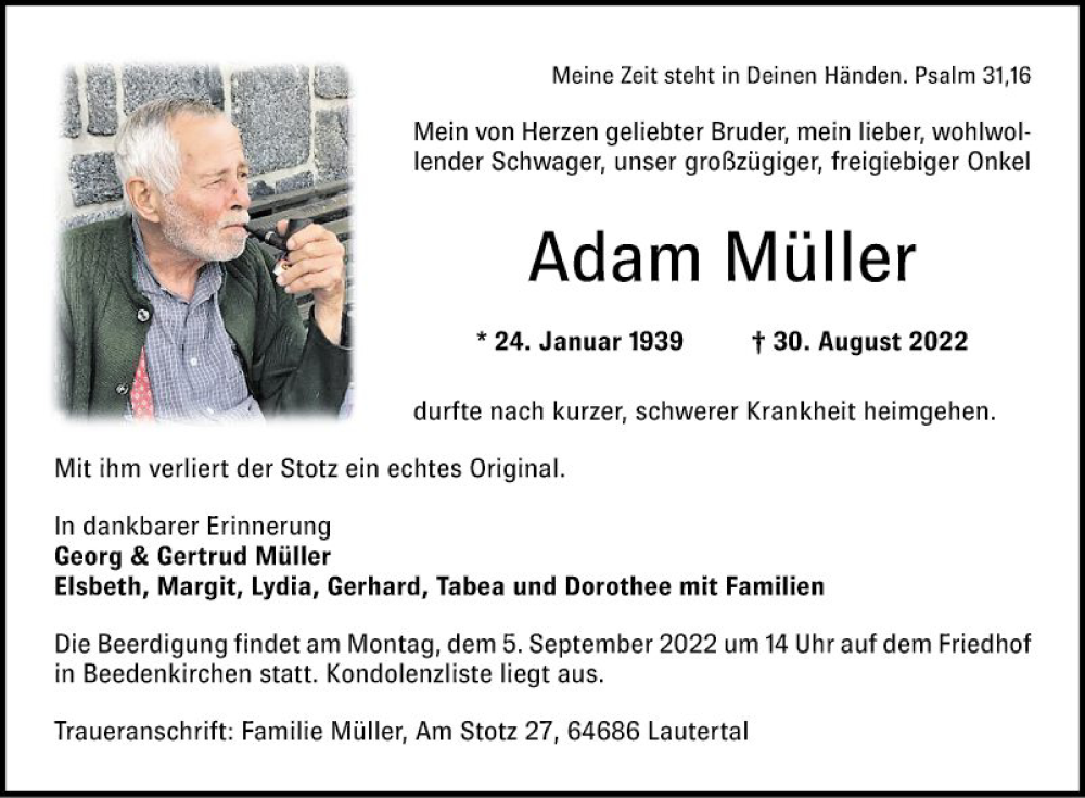  Traueranzeige für Adam Müller vom 02.09.2022 aus Bergsträßer Anzeiger