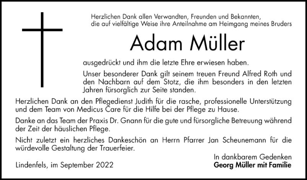  Traueranzeige für Adam Müller vom 24.09.2022 aus Bergsträßer Anzeiger