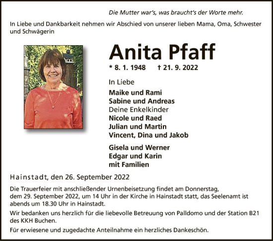 Traueranzeige von Anita Pfaff von Fränkische Nachrichten