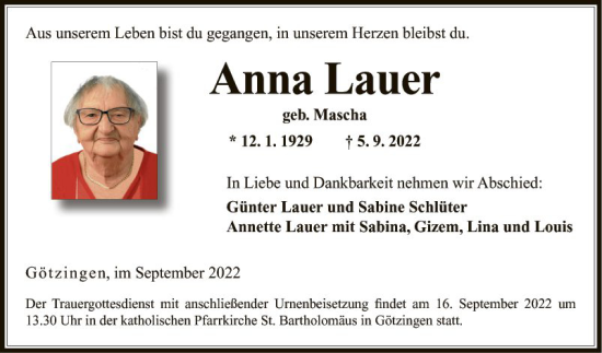 Traueranzeige von Anna Lauer von Fränkische Nachrichten