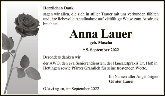 Traueranzeige von Anna Lauer von Fränkische Nachrichten