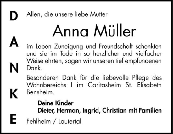 Traueranzeige von Anna Müller von Bergsträßer Anzeiger