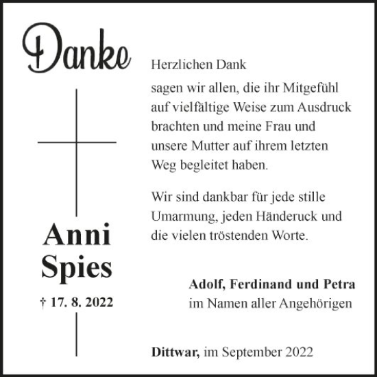 Traueranzeige von Anni Spies von Fränkische Nachrichten