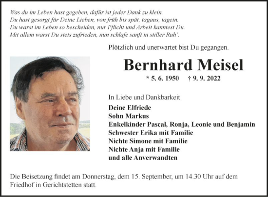 Traueranzeige von Bernhard Meisel von Fränkische Nachrichten