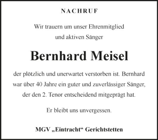 Traueranzeige von Bernhard Meisel von Fränkische Nachrichten