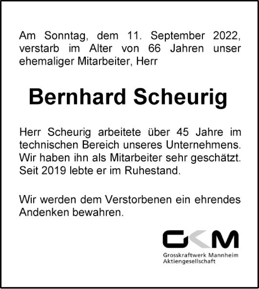  Traueranzeige für Bernhard Scheurig vom 20.09.2022 aus Mannheimer Morgen