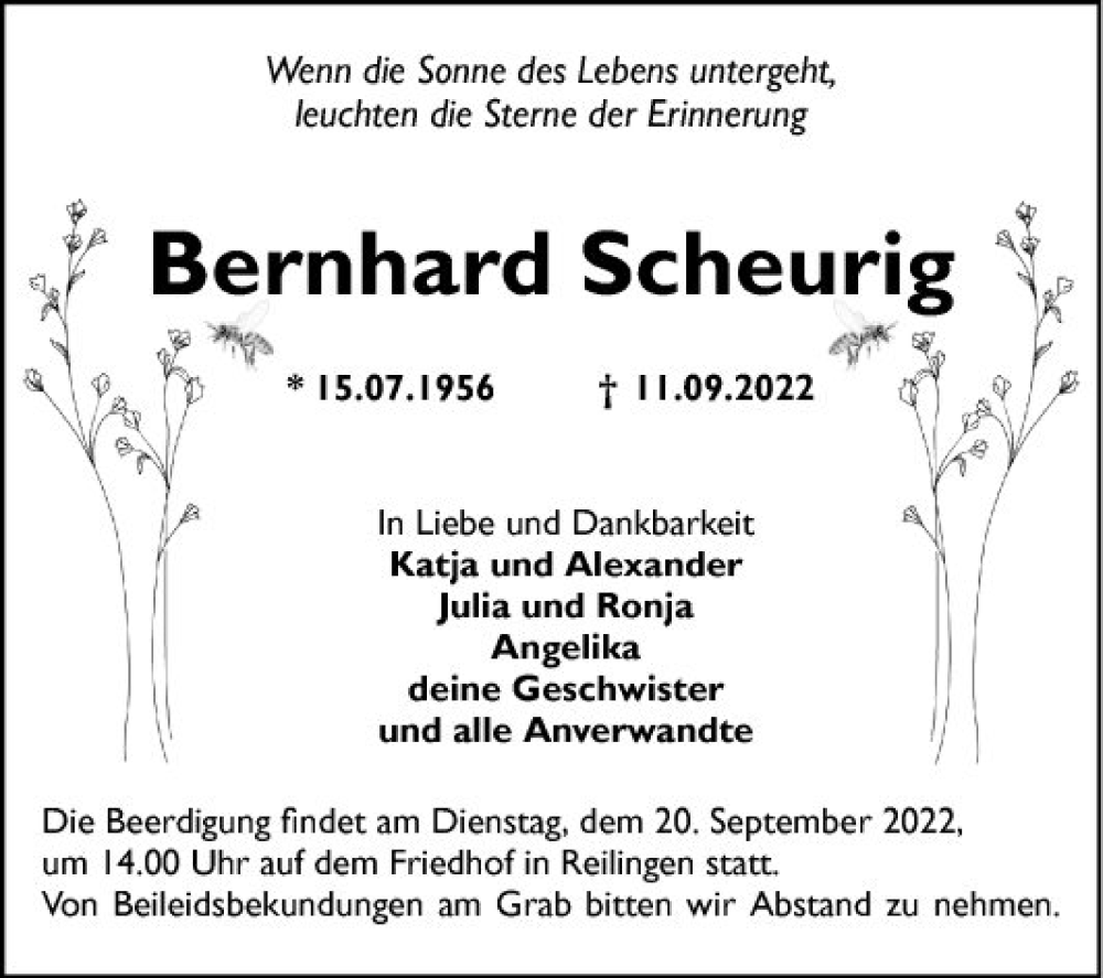  Traueranzeige für Bernhard Scheurig vom 16.09.2022 aus Schwetzinger Zeitung