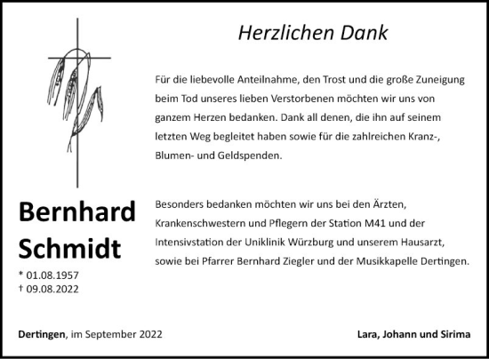 Traueranzeige von Bernhard Schmidt von Fränkische Nachrichten