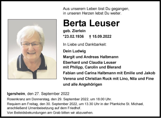 Traueranzeige von Berta Leuser von Fränkische Nachrichten