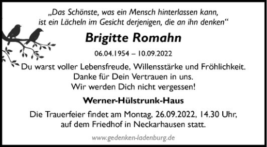 Traueranzeige von Brigitte Romahn von Mannheimer Morgen