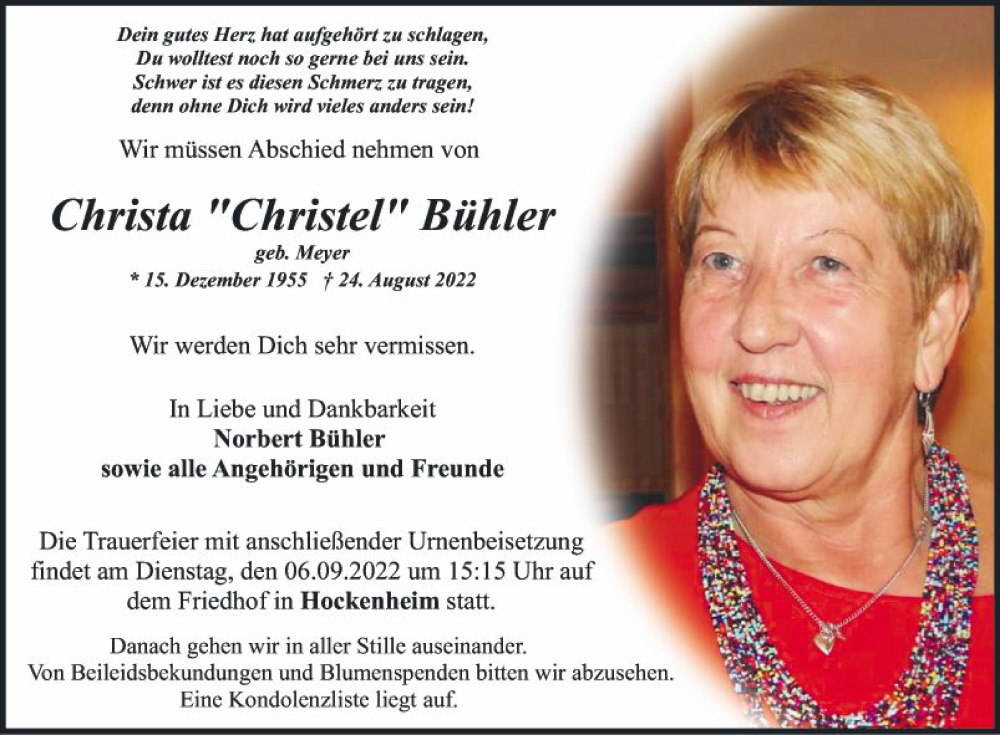  Traueranzeige für Christa Bühler vom 02.09.2022 aus Schwetzinger Zeitung