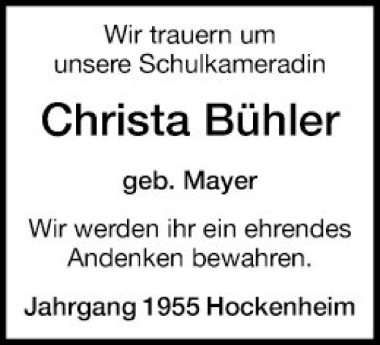 Traueranzeige von Christa Bühler von Schwetzinger Zeitung