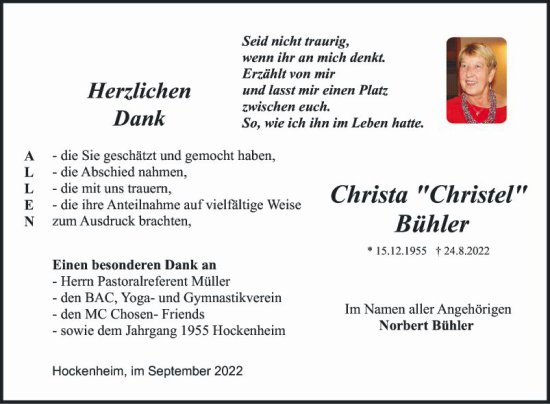 Traueranzeige von Christa Bühler von Schwetzinger Zeitung