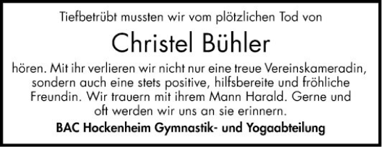 Traueranzeige von Christel Bühler von Schwetzinger Zeitung