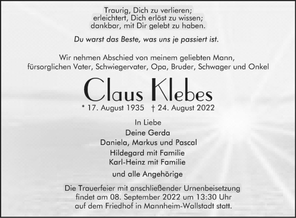  Traueranzeige für Claus Klebes vom 03.09.2022 aus Mannheimer Morgen