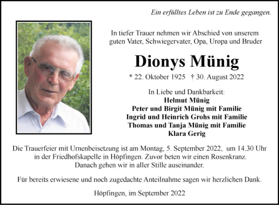 Traueranzeige von Dionys Münig von Fränkische Nachrichten