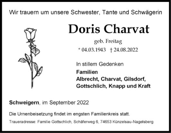 Traueranzeige von Doris Charvat von Fränkische Nachrichten