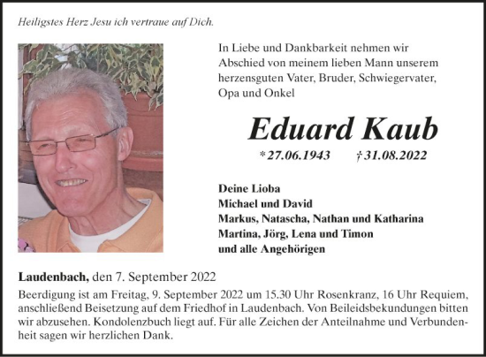 Traueranzeige von Eduard Kaub von Fränkische Nachrichten