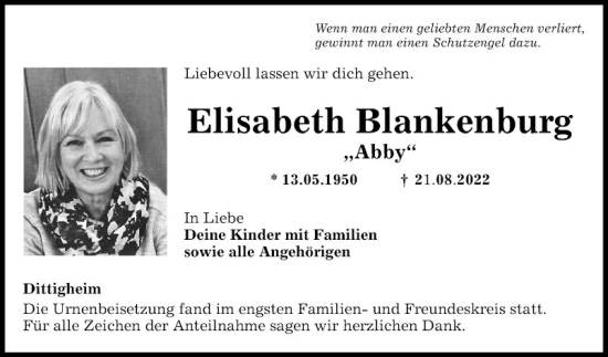 Traueranzeige von Elisabeth Blankenburg von Fränkische Nachrichten