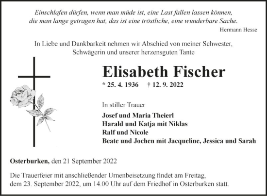 Traueranzeige von Elisabeth Fischer von Fränkische Nachrichten