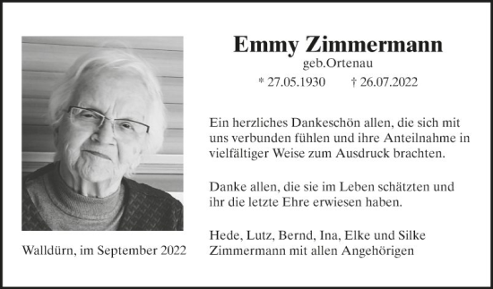 Traueranzeige von Emmy Zimmermann von Fränkische Nachrichten