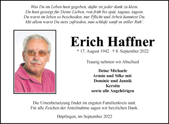 Traueranzeige von Erich Haffner von Fränkische Nachrichten