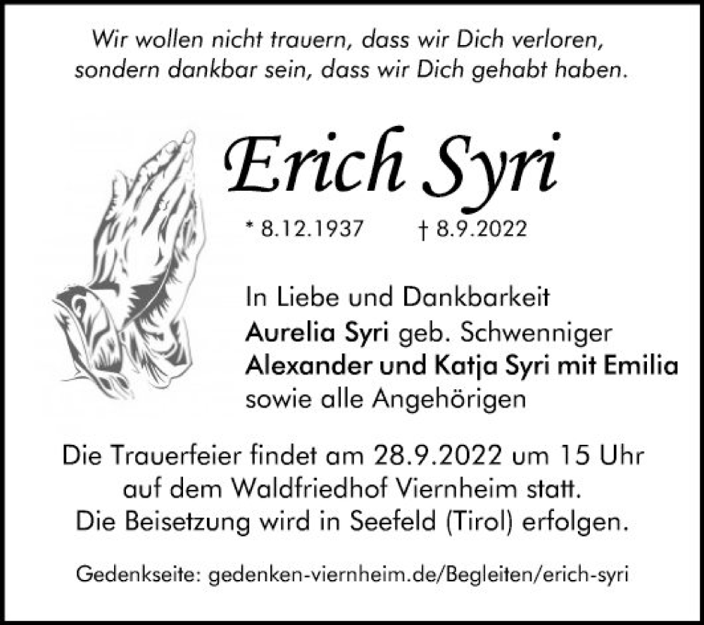  Traueranzeige für Erich Syri vom 24.09.2022 aus Mannheimer Morgen