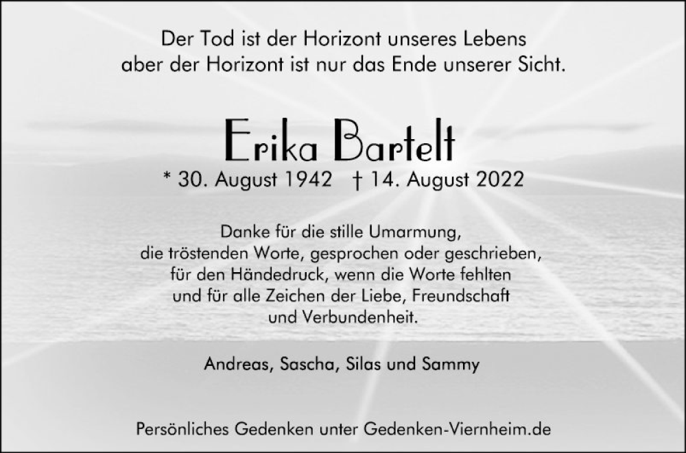 Traueranzeige für Erika Bartelt vom 10.09.2022 aus Mannheimer Morgen