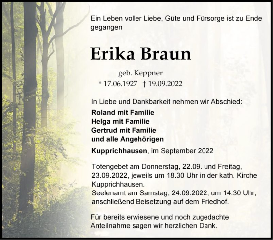 Traueranzeige von Erika Braun von Fränkische Nachrichten