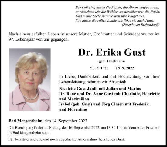 Traueranzeige von Erika Gust von Fränkische Nachrichten