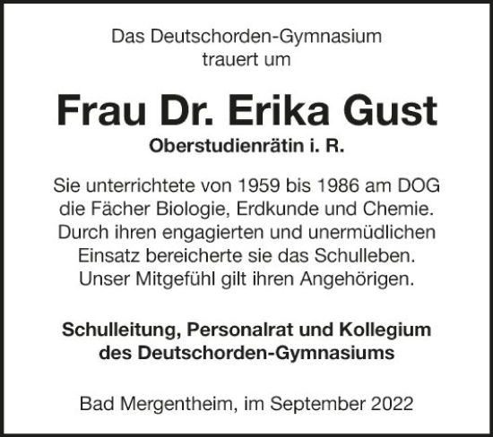 Traueranzeige von Erika Gust von Fränkische Nachrichten