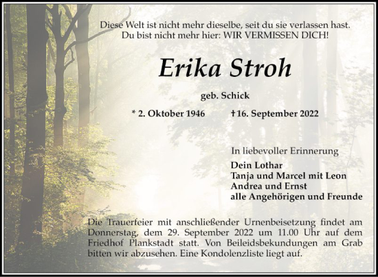 Traueranzeige von Erika Stroh von Schwetzinger Zeitung