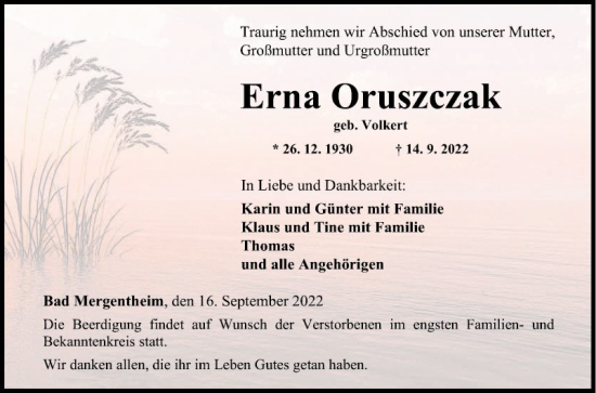 Traueranzeige von Erna Oruszczak von Fränkische Nachrichten