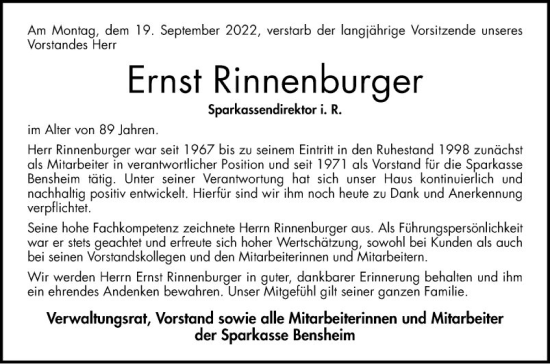 Traueranzeige von Ernst Rinnenburger von Bergsträßer Anzeiger