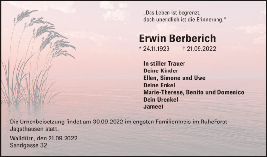 Traueranzeige von Erwin Berberich von Fränkische Nachrichten