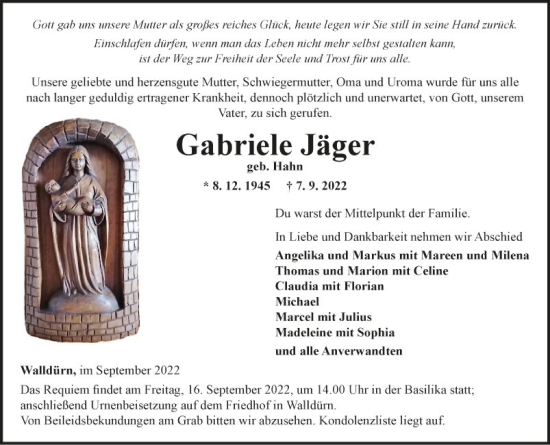 Traueranzeige von Gabriele Jäger von Fränkische Nachrichten