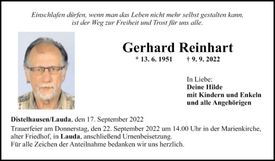 Traueranzeige von Gerhard Reinhart von Fränkische Nachrichten