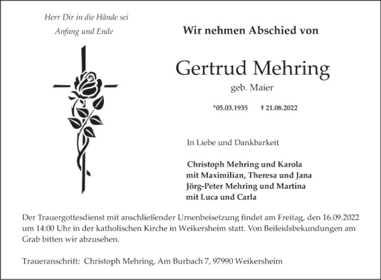 Traueranzeige von Gertrud Mehring von Fränkische Nachrichten