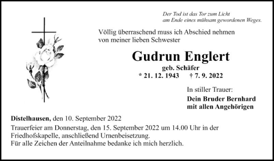 Traueranzeige von Gudrun Englert von Fränkische Nachrichten