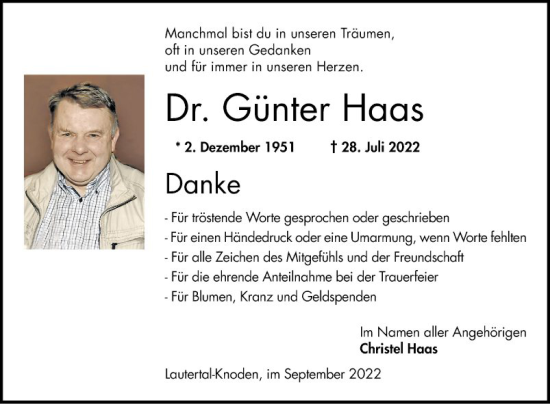 Traueranzeige von Günter Haas von Bergsträßer Anzeiger