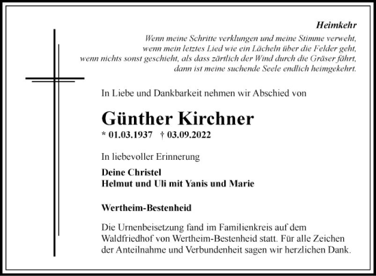 Traueranzeige von Günther Kirchner von Fränkische Nachrichten