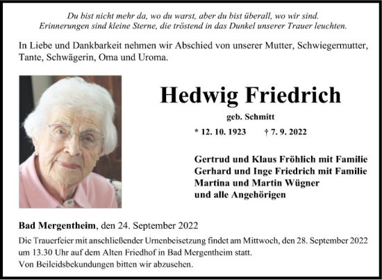 Traueranzeige von Hedwig Friedrich von Fränkische Nachrichten