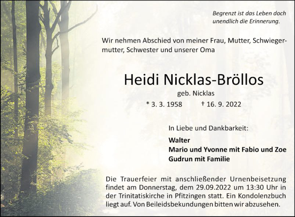  Traueranzeige für Heidi Nicklas-Bröllos vom 27.09.2022 aus Fränkische Nachrichten