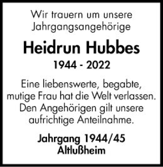 Traueranzeige von Heidrun Hubbes von Schwetzinger Zeitung