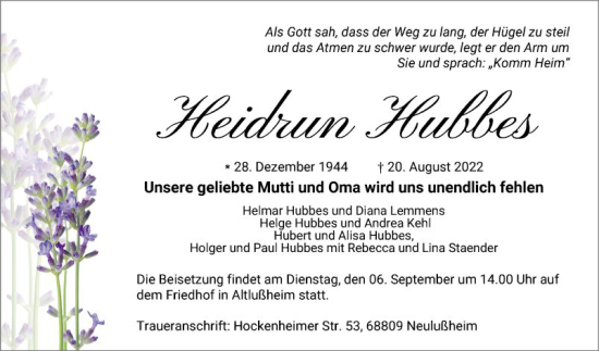 Traueranzeige von Heidrun Hubbes von Schwetzinger Zeitung