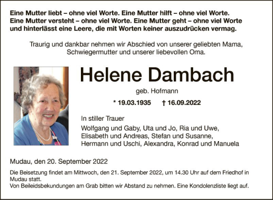 Traueranzeige von Helene Dambach von Fränkische Nachrichten