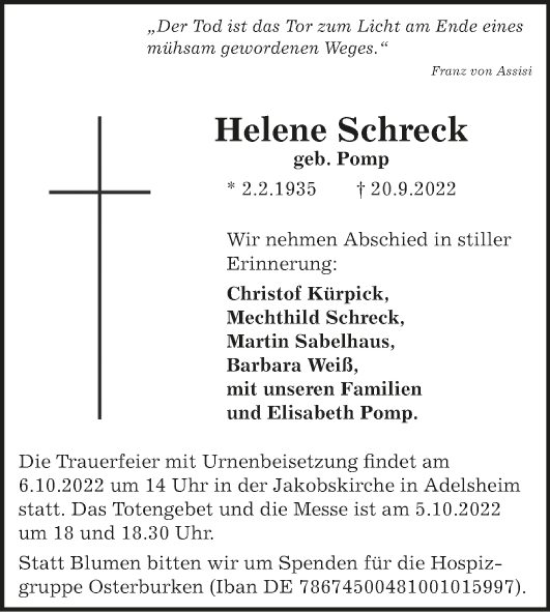 Traueranzeige von Helene Schreck von Fränkische Nachrichten