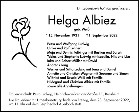 Traueranzeige von Helga Albiez von Bergsträßer Anzeiger