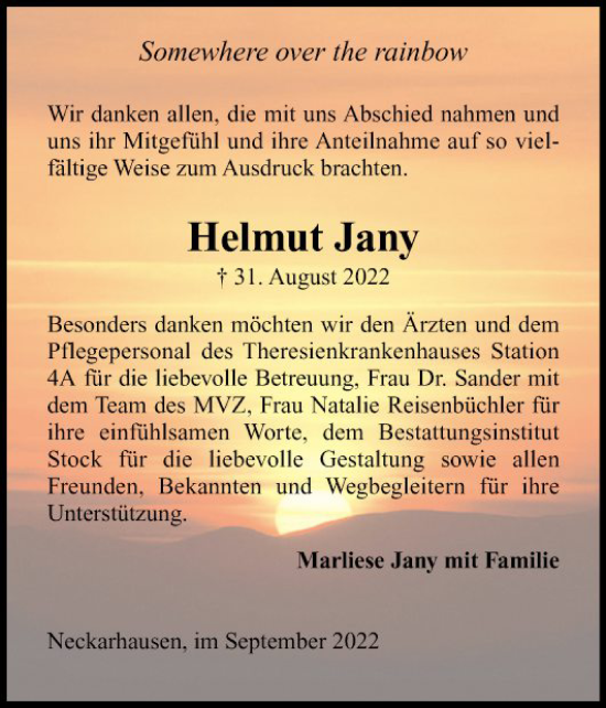 Traueranzeige von Helmut Jany von Mannheimer Morgen