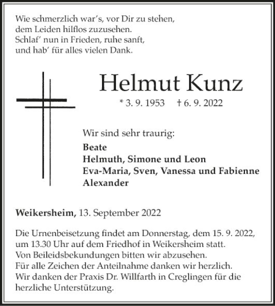 Traueranzeige von Helmut Kunz von Fränkische Nachrichten